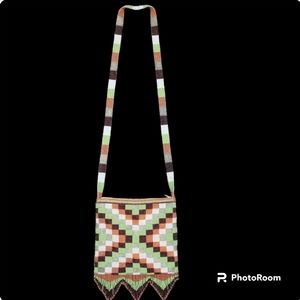 Glass Seed Beaded Bag Purse Handbag Fringe Geometric Design Cross Body Shoulder